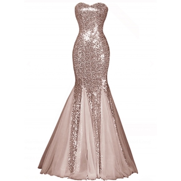 rose gold strapless prom dress